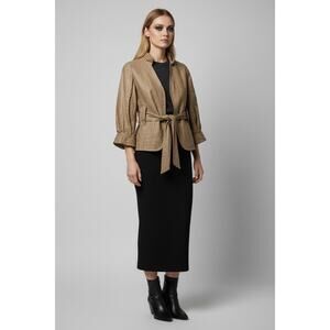 Women’s Korean Fashion Minimalist Linen Front Tie Blouse Khaki Small